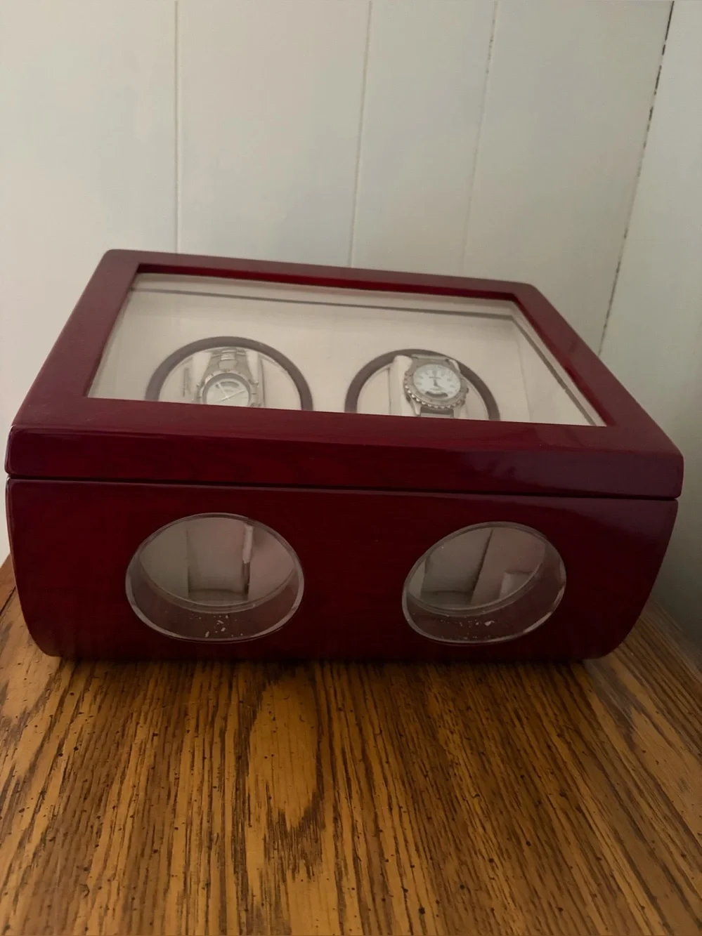 Watch Winder Box, 4-Slot, Lacquered Wood, Glass Display, Automatic